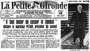 Le discours du maréchal Pétain est en première couverture du journal 'La petite gironde'.