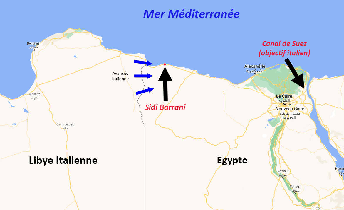 Carte montrant l'avancée italienne en Afrique du Nord.