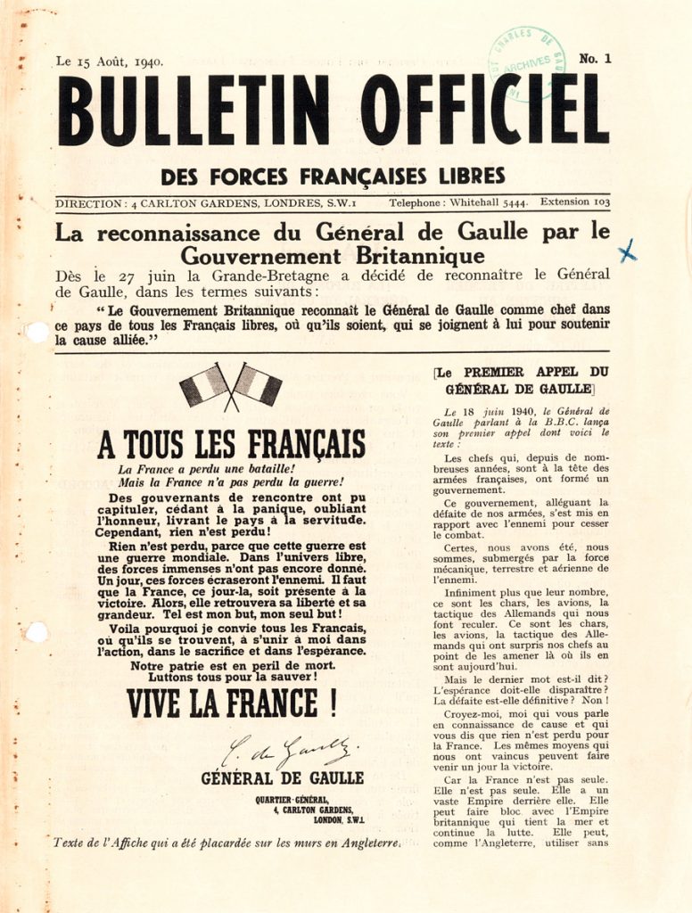 Premier Bulletin officiel des Forces françaises libres, le 15 août 1940.